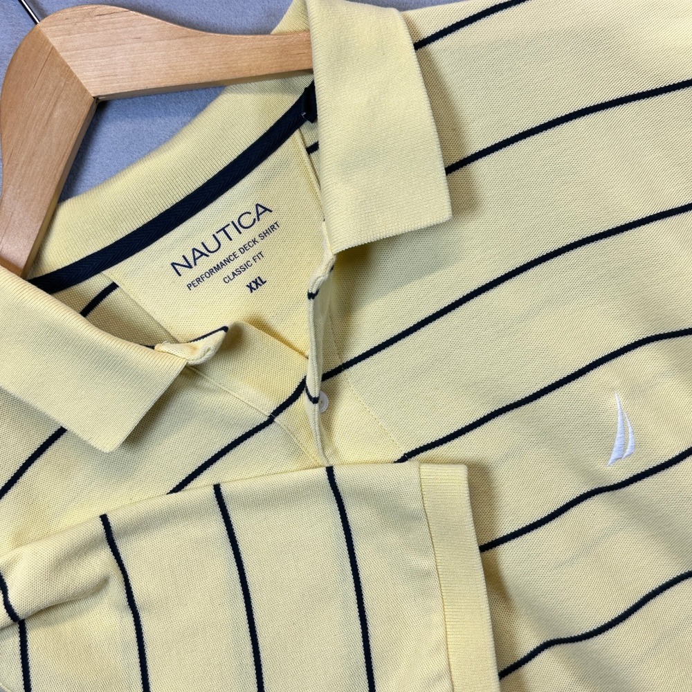 Nautica Mens XXL Performance Deck Shirt Classic Fit Yellow Navy Striped Polo